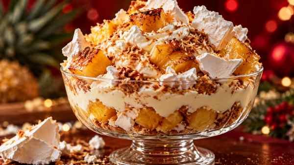 Merengue em Taça com Abacaxi Grelhado e Creme de Coco