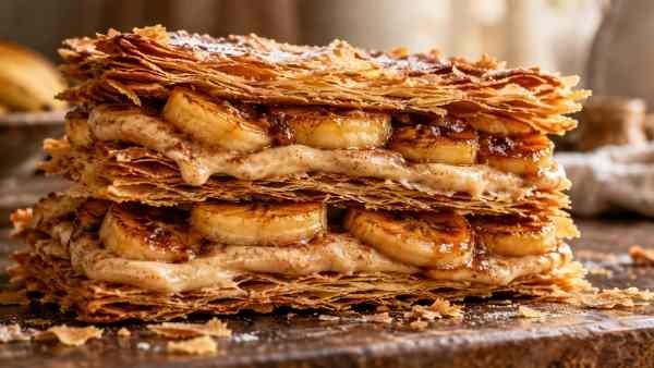 Mil-Folhas Crocante de Banana Caramelizada com Creme de Canela