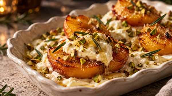 Pêssegos Assados com Mel, Alecrim e Creme de Mascarpone