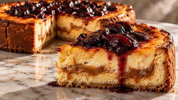 Torta Assada de Queijo e Doce de Leite com Ameixas ao Vinho Tinto