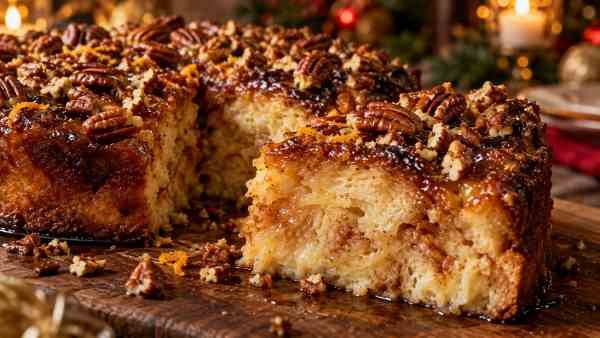 Torta de Rabanada com Crosta de Açúcar Queimado, Laranja e Noz-Pecã