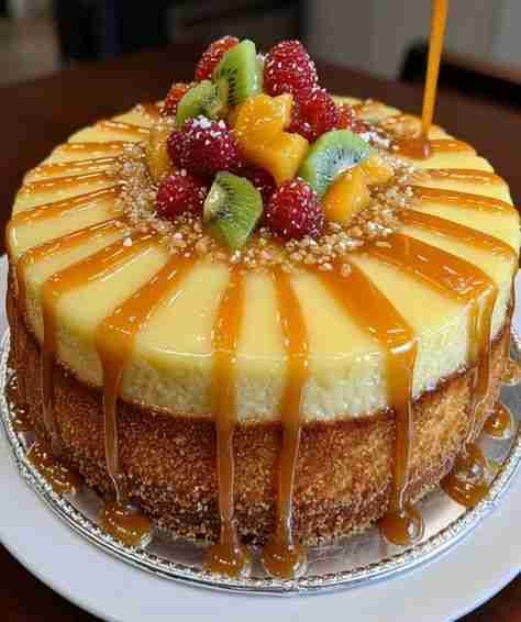 Cheesecake de Caramelo com Frutas pronto para servir