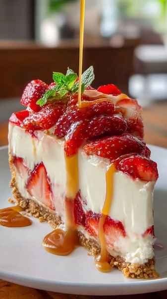 Cheesecake de Morango com Calda de Caramelo