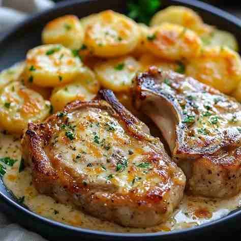 Costeleta Suína ao Molho Cremoso com Batatas pronto para servir