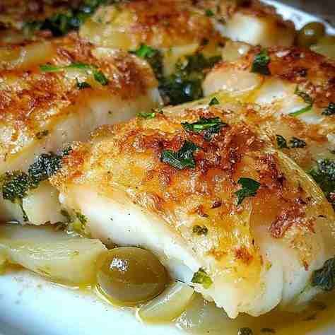 Filé de Peixe Assado com Batatas e Azeitonas pronto para servir