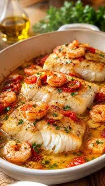 Filé de Peixe ao Molho Cremoso com Camarão pronto para servir