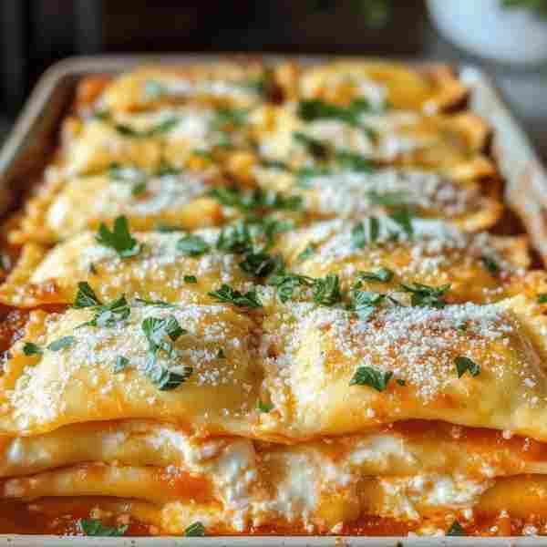 Lasanha de Ravioli com Molho de Tomate pronto para servir