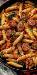 Macarrão Penne com Linguiça e Espinafre pronto para servir