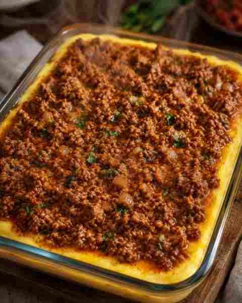 Polenta Cremosa de Forno com Carne Moída e Muito Queijo Especial