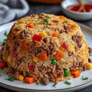 Arroz Colorido com Carne Moída e Legumes pronto para servir