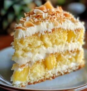 Bolo de Abacaxi com Coco e Creme Branco pronto para servir