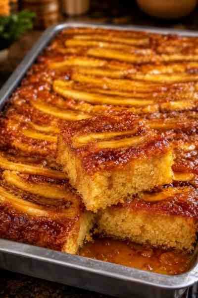 Bolo de Banana Caramelizada Sai do Forno com Uma Cobertura Brilhante Delicioso