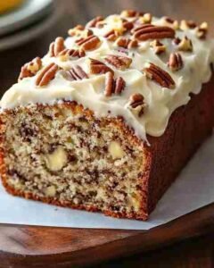 Bolo de Banana com Nozes e Cobertura Cremosa pronto para servir