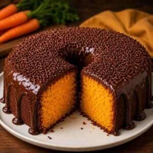 Bolo de Cenoura com Brigadeiro e Granulado pronto para servir