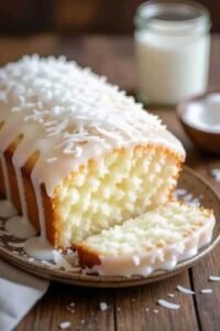 Bolo de Coco Fofinho com Cobertura Cremosa pronto para servir