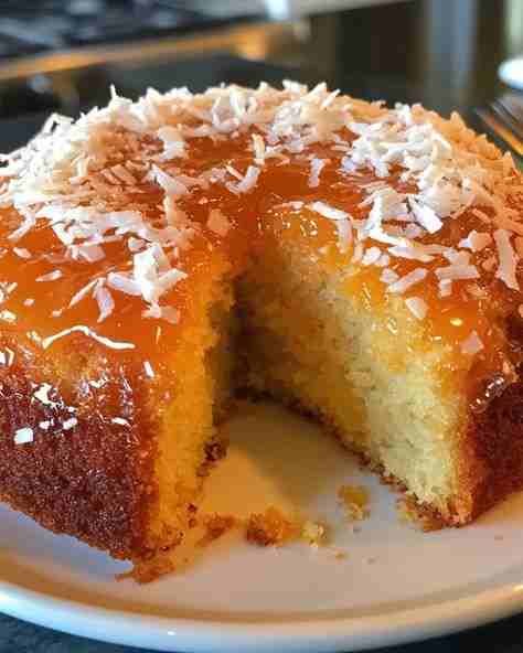 Bolo de Laranja com Cobertura de Geleia e Coco pronto para servir