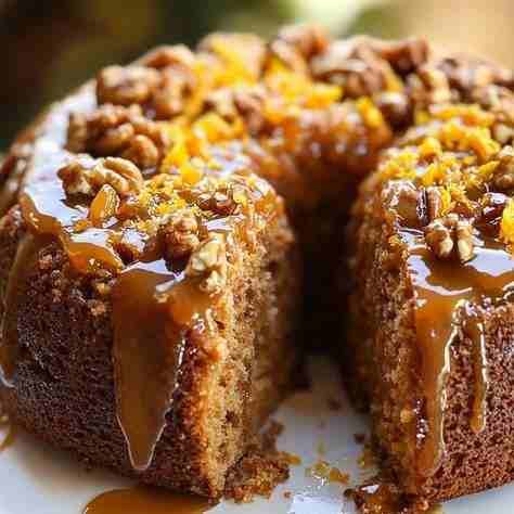 Bolo de Laranja com Nozes e Calda de Caramelo pronto para servir