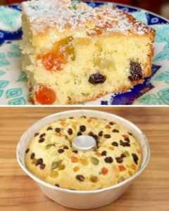 Bolo natalino simples com frutas cristalizadas, passas e aroma de panetone, inspirado nas ceias de antigamente.