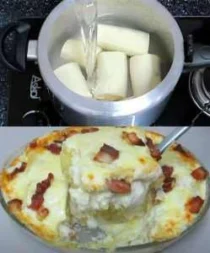 Como Fazer Mandioca Gratinada com Bacon e Molho Branco Cremoso sem Empelotar
