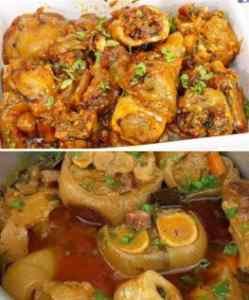 Mocotó cozido até ficar macio, com caldo encorpado, tomate, pimentão, alho e cheiro-verde.
