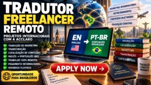 Ambiente 3D de tradução internacional com elementos de idiomas, contratos e trabalho remoto PT-BR.