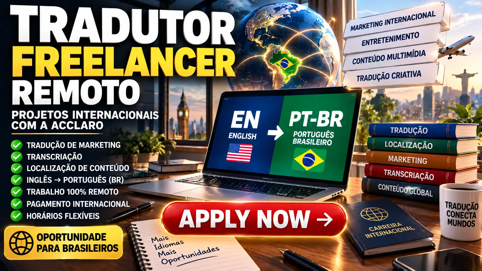 Ambiente 3D de tradução internacional com elementos de idiomas, contratos e trabalho remoto PT-BR.