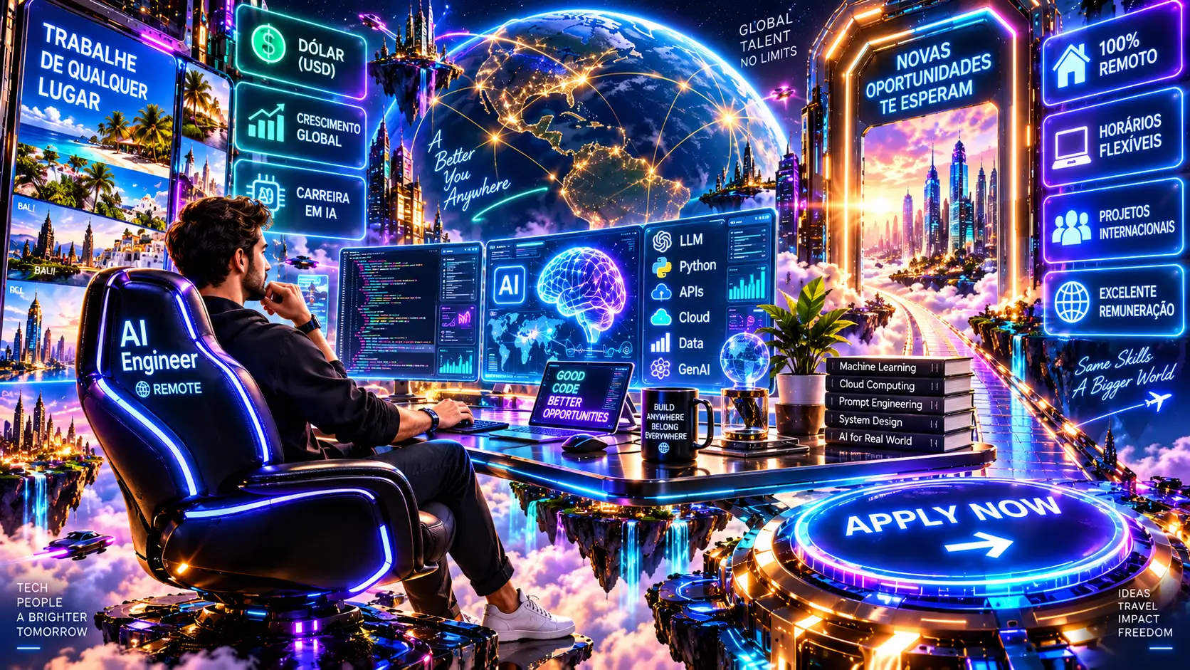 Ambiente 3D futurista sobre vaga remota de inteligência artificial com símbolos de dólar e computação em nuvem.
