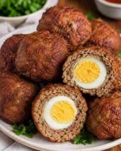 Bolinho de Carne com Ovo Crocante por Fora e Suculento pronto para servir