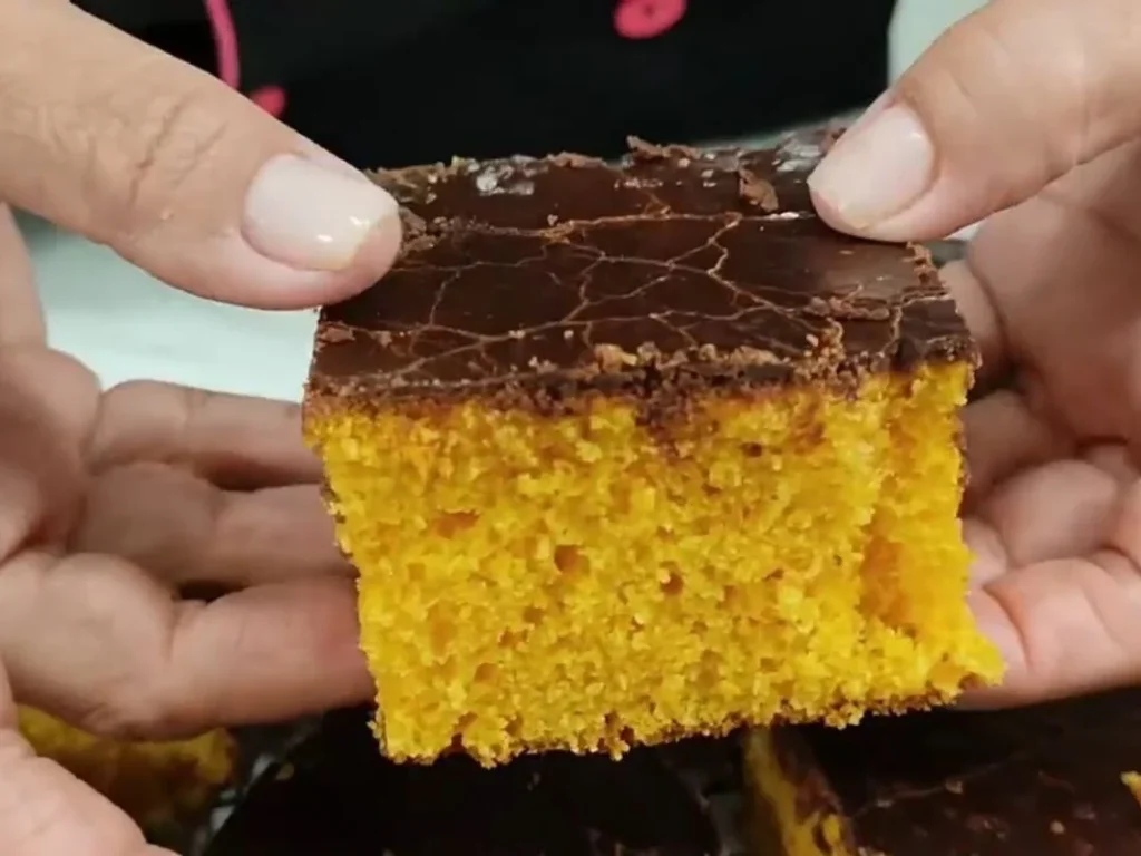 Bolo de cenoura com cobertura de chocolate fofinho e molhadinho