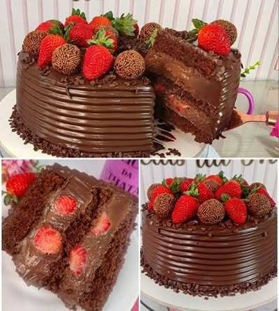 Bolo de Chocolate com Morango pronto para servir