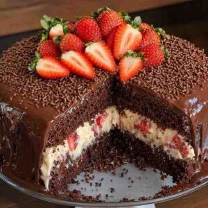 Bolo de chocolate com ninho e morango fatiado