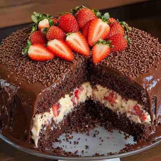 Bolo de chocolate com ninho e morango fatiado