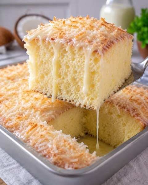 Bolo de Coco Gelado em Pedaços pronto para servir