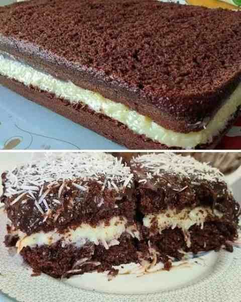Bolo Prestígio Molhadinho com Coco e Chocolate pronta para servir