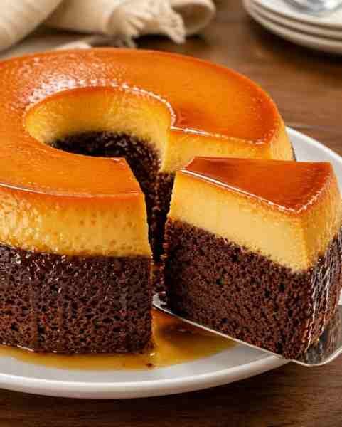 Bolo-Pudim de Chocolate com Calda de Caramelo