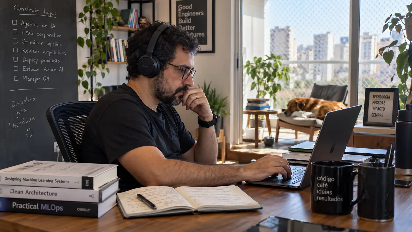 Engenheiro de inteligência artificial remoto trabalhando com Python e IA generativa em home office.