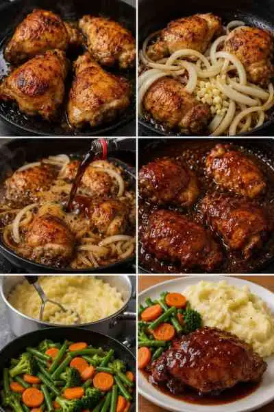 Frango à Coca-Cola com Purê de Batata e Legumes Salteados