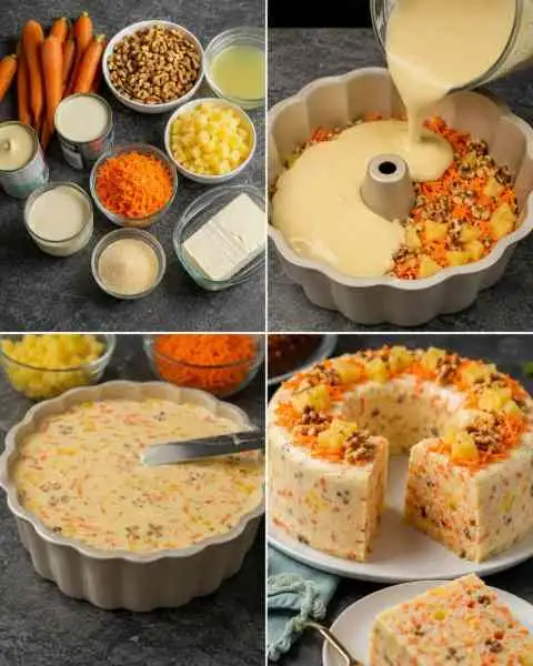 Gelatina Cremosa de Cenoura, Abacaxi e Nozes com Queijo Cremoso