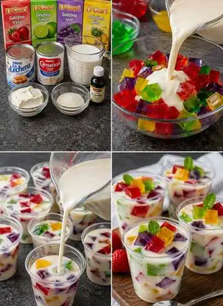Gelatina Mosaico no Copinho com Leite Condensado e Queijo Cremoso