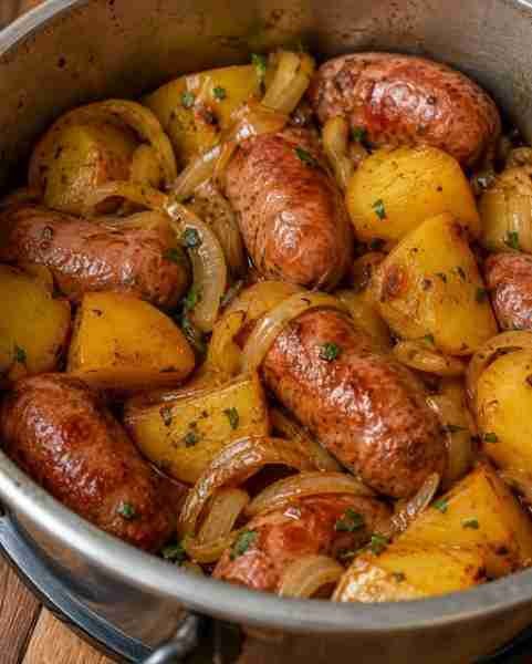 Linguiça Toscana Acebolada com Batata na Panela de Pressão pronto para servir