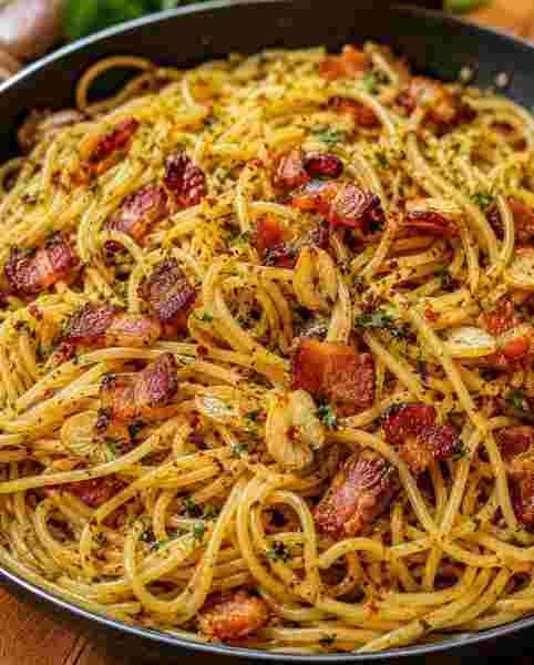 Macarrão Alho e Óleo com Bacon Crocante pronto para servir