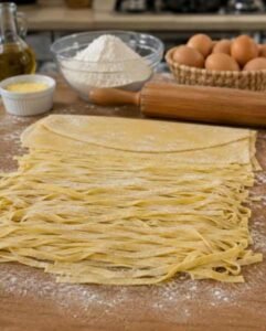 Massa de macarrão caseira da vó servida com molho