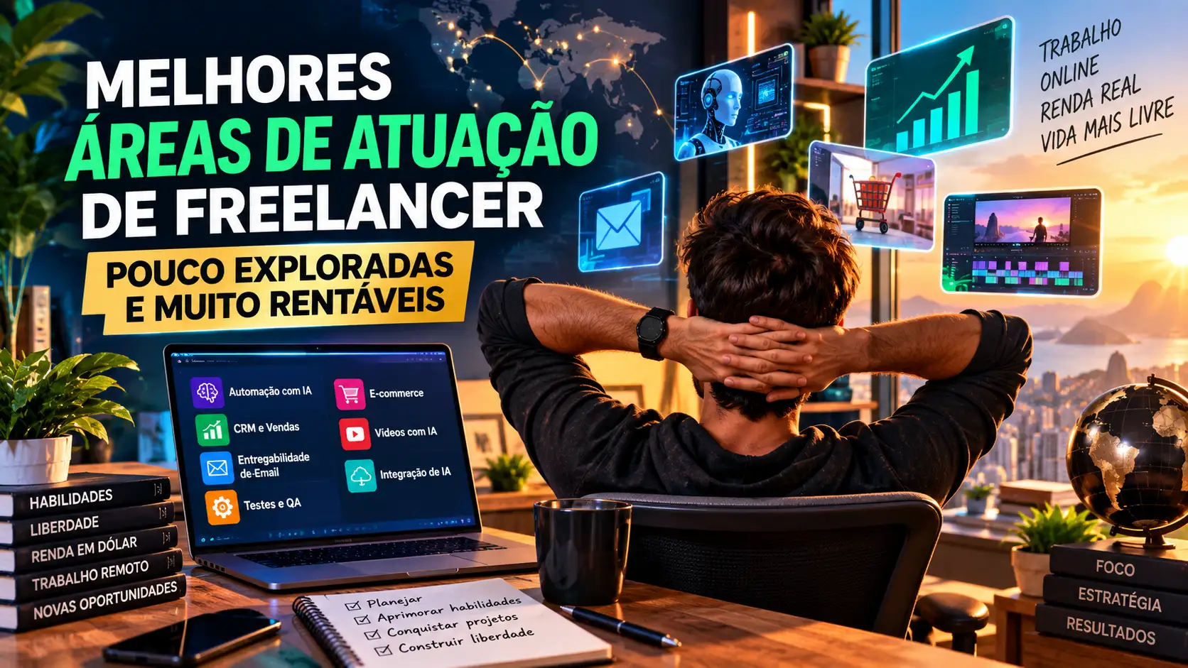 Freelancer trabalhando em home office com foco em áreas pouco exploradas e rentáveis como automação com IA, CRM, e-commerce e QA