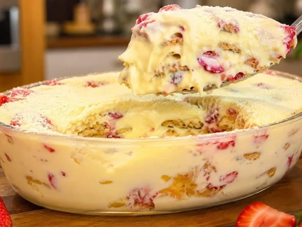 Pavê de Morango Cremoso com Biscoitinho