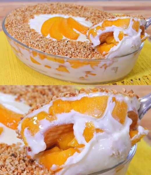 Pavê de Pêssego Cremoso e Gelado pronto para servir