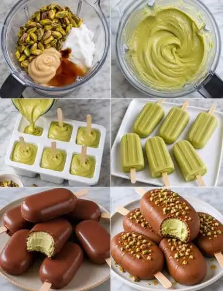 Picolés Cremosos de Pistache com Chocolate