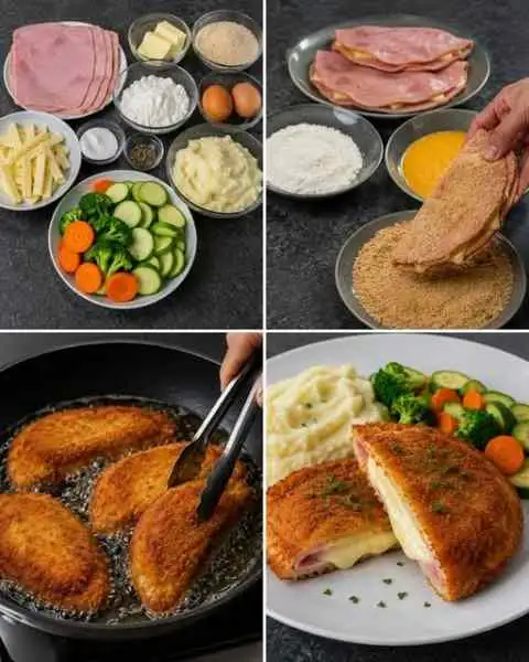 Presunto Empanado Recheado com Queijo, Purê de Batata e Legumes