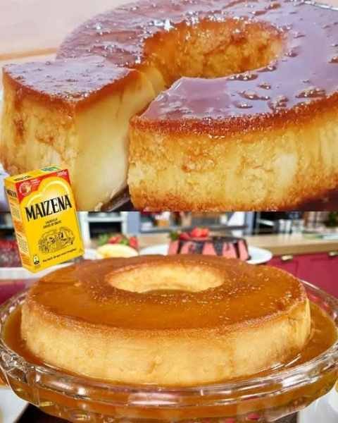Pudim de Maisena Assado com Calda Dourada pronto para servir