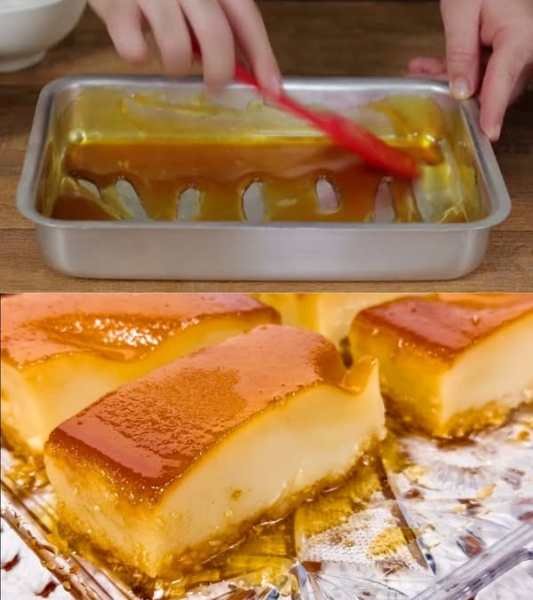 Pudim de Pão Cremoso com Calda de Caramelo pronto para servir