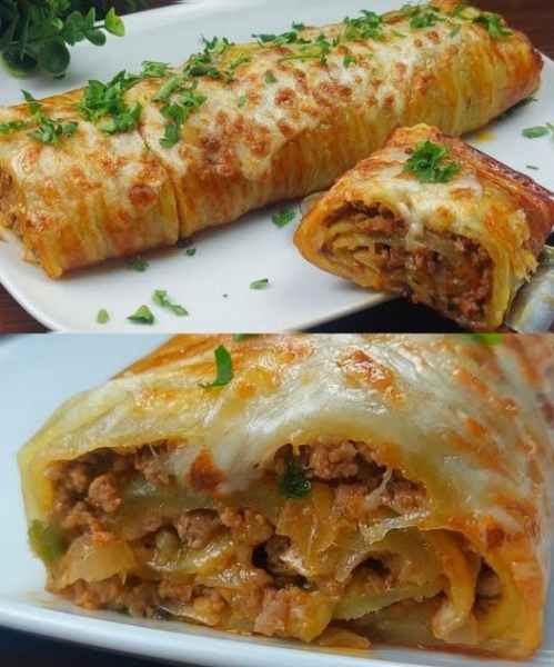 Rocambole de Batata Ralada Recheado com Carne e Queijo